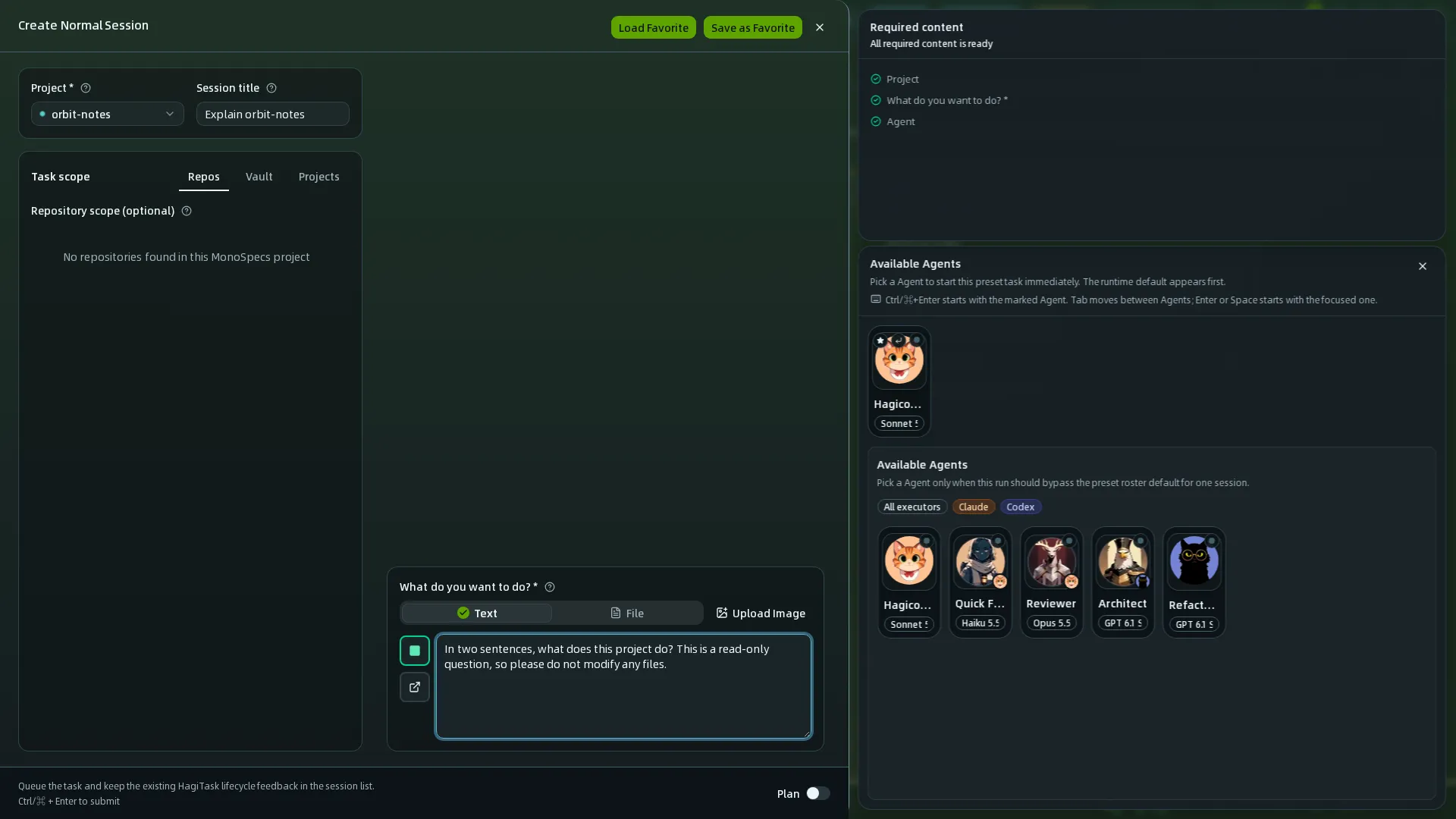 Panel Create Normal Session con un proyecto, el título de la sesión, el alcance de la tarea, una solicitud y el selector Available Agents