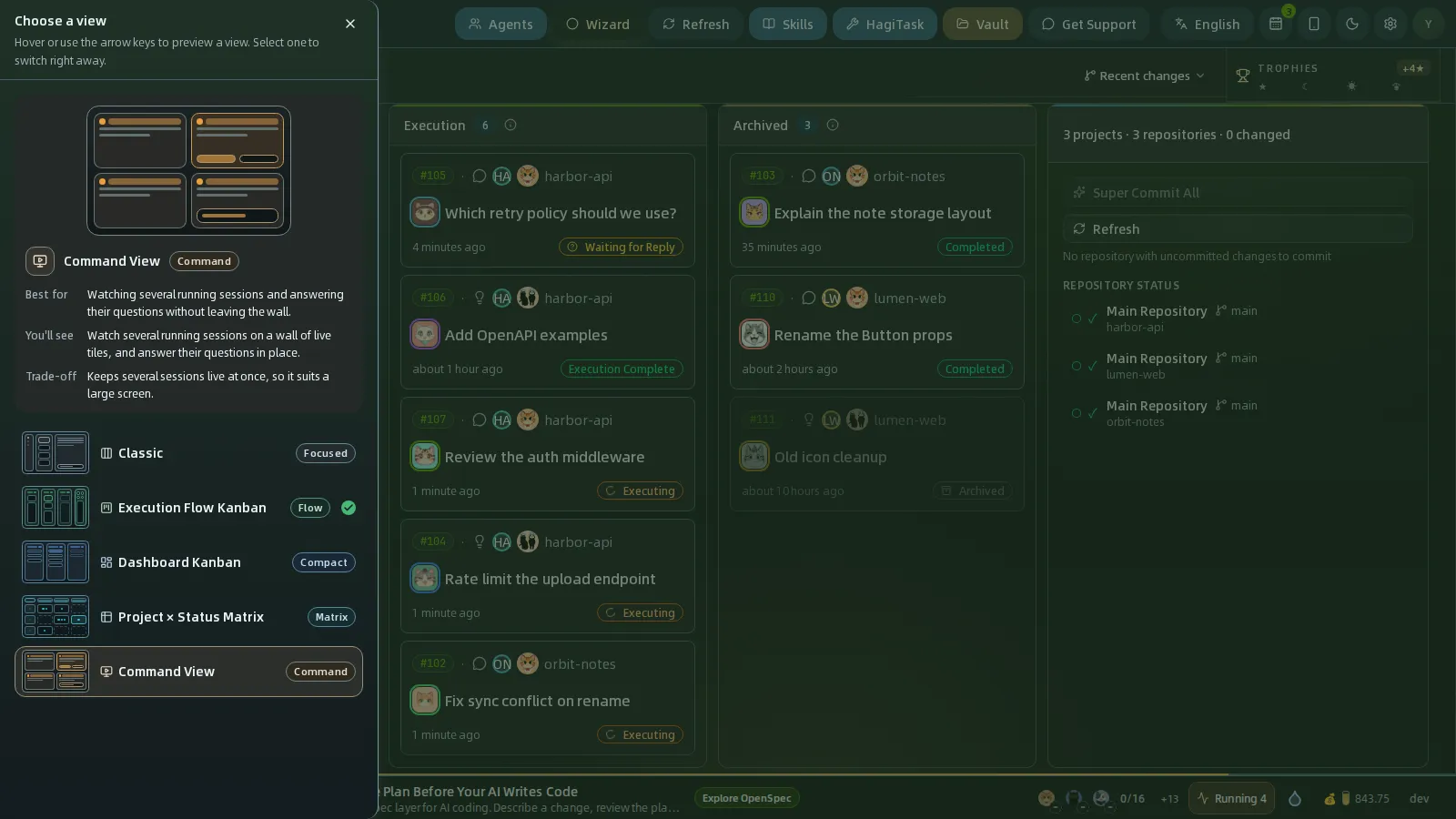 Choose a view drawer with a live preview of Command View on top and the five views listed below
