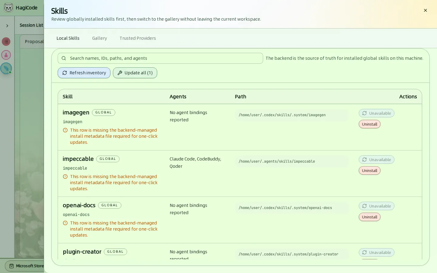 Вкладка Local Skills с поиском, Refresh inventory, Update all и таблицей установленных навыков