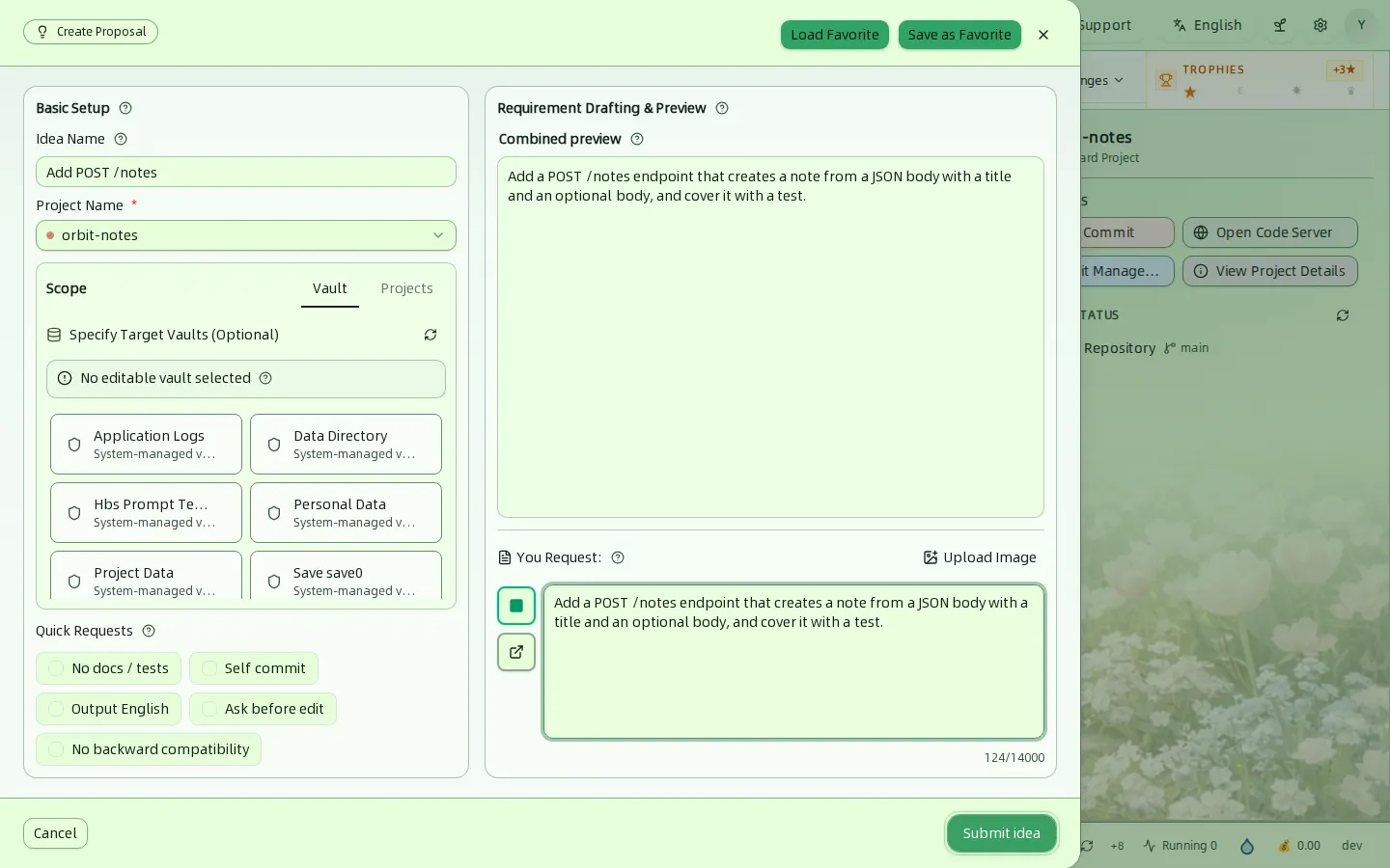 Панель Create Proposal с названием идеи, проектом, областью действия, быстрыми требованиями и требованием о добавлении POST-эндпоинта