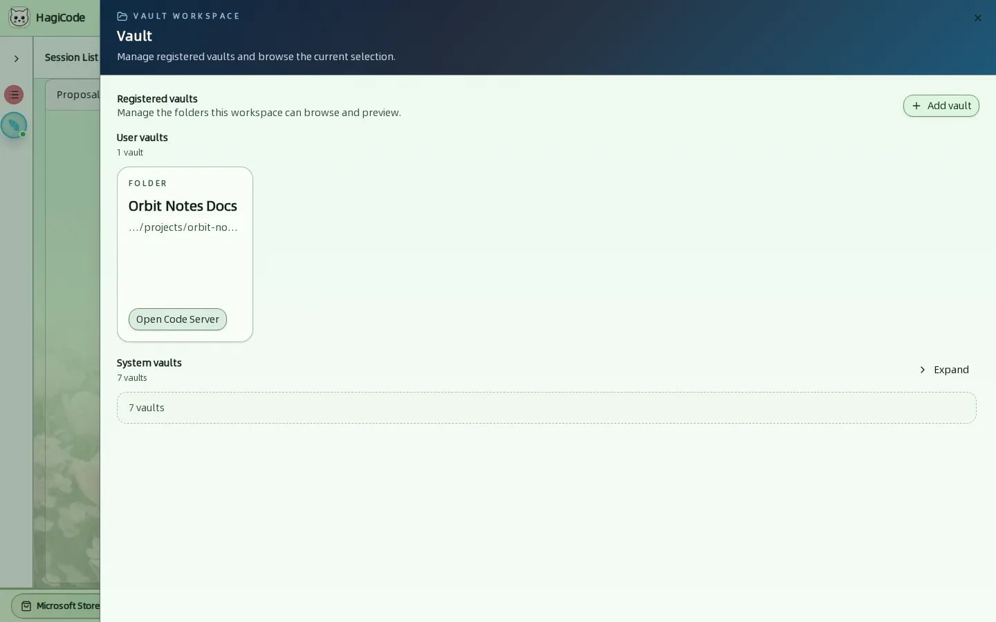 Рабочая область Vault со списком зарегистрированных Vault Orbit Notes и Docs и свёрнутой группой System vaults