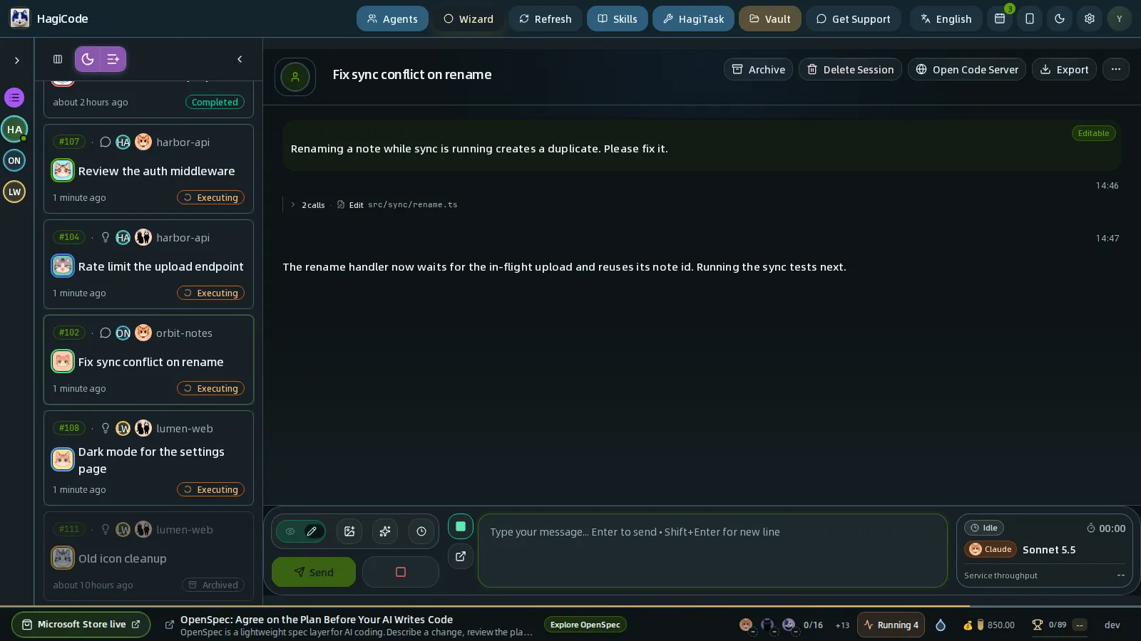 Classic view with the session list on the left and the conversation of the selected session on the right