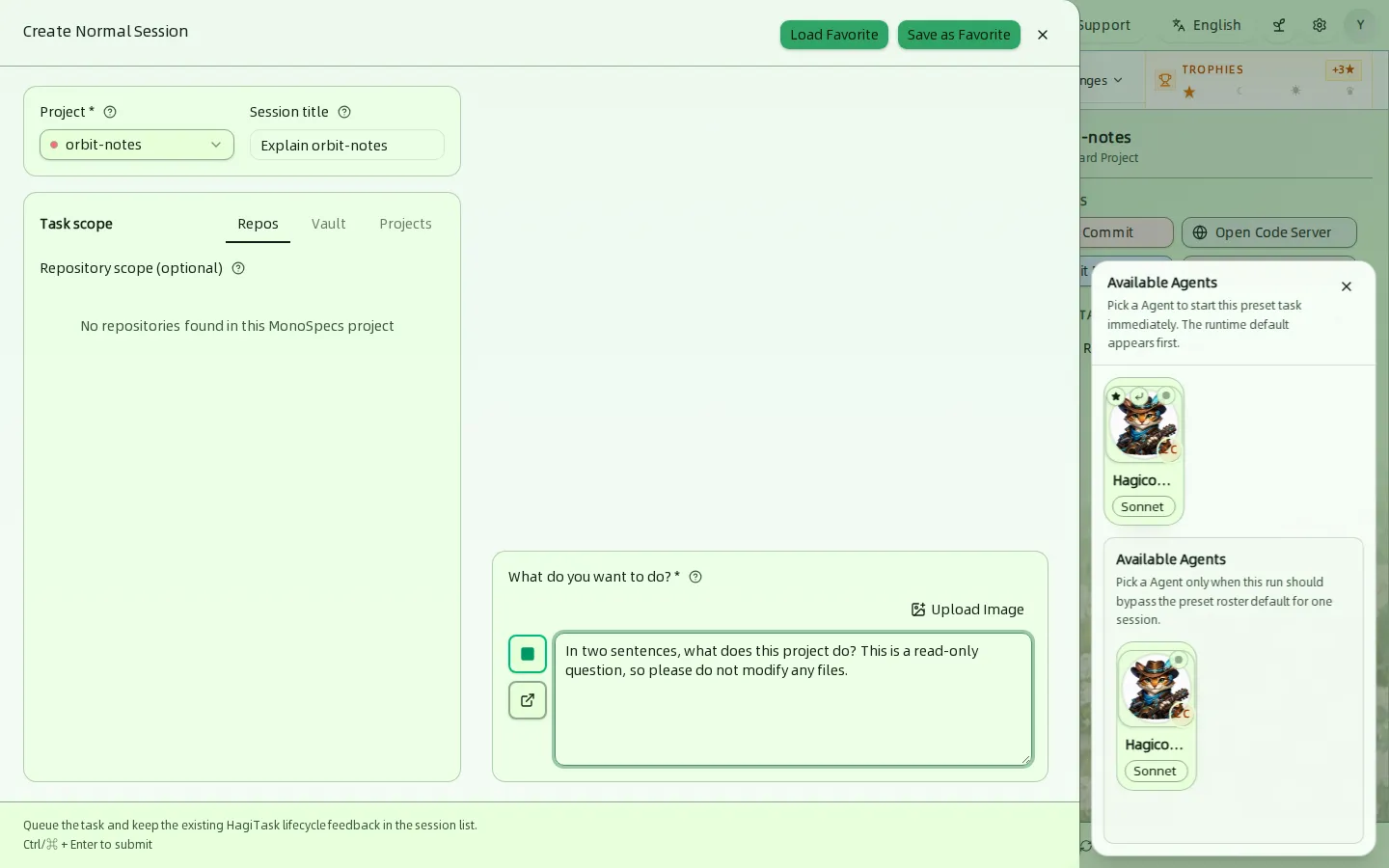 Панель Create Normal Session с проектом, названием сессии, областью задач, одним требованием и выбором Available Agents