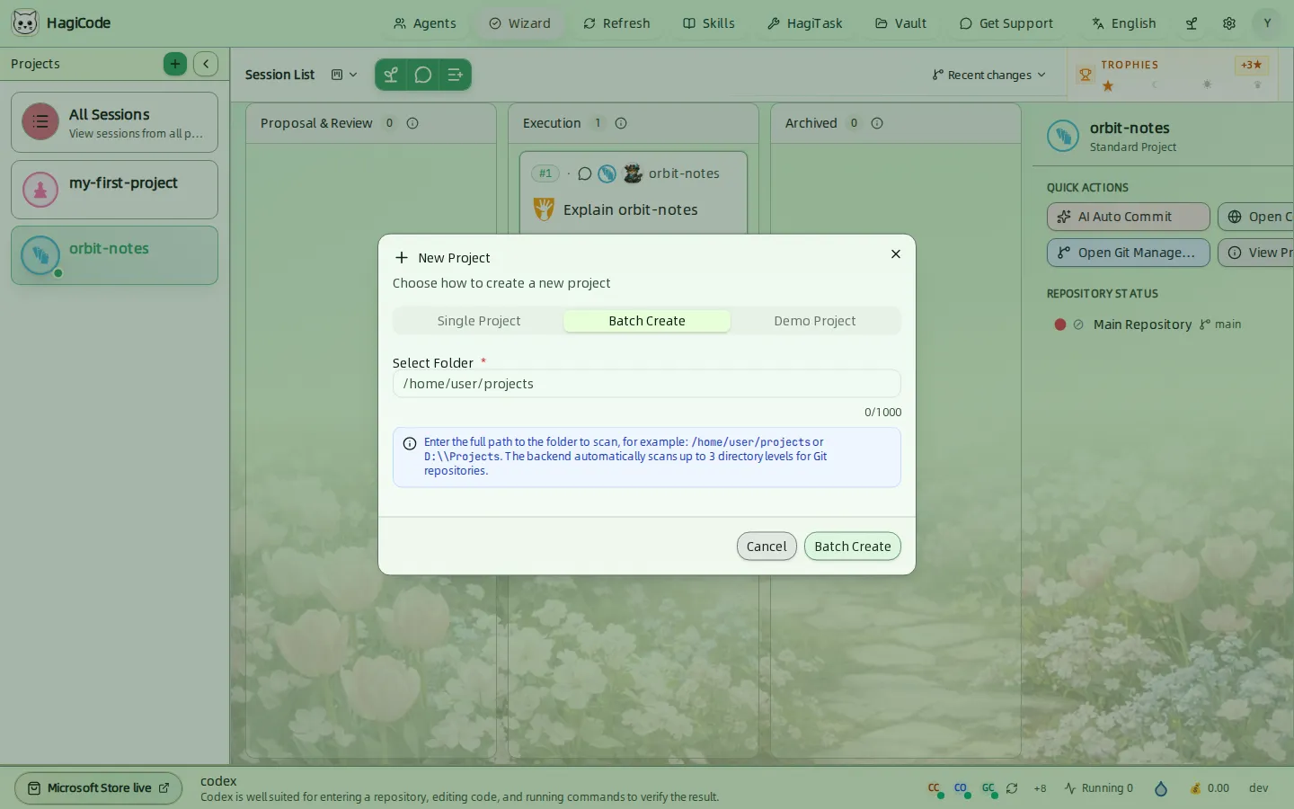 Вкладка Batch Create диалога создания проекта с запросом выбрать папку для сканирования
