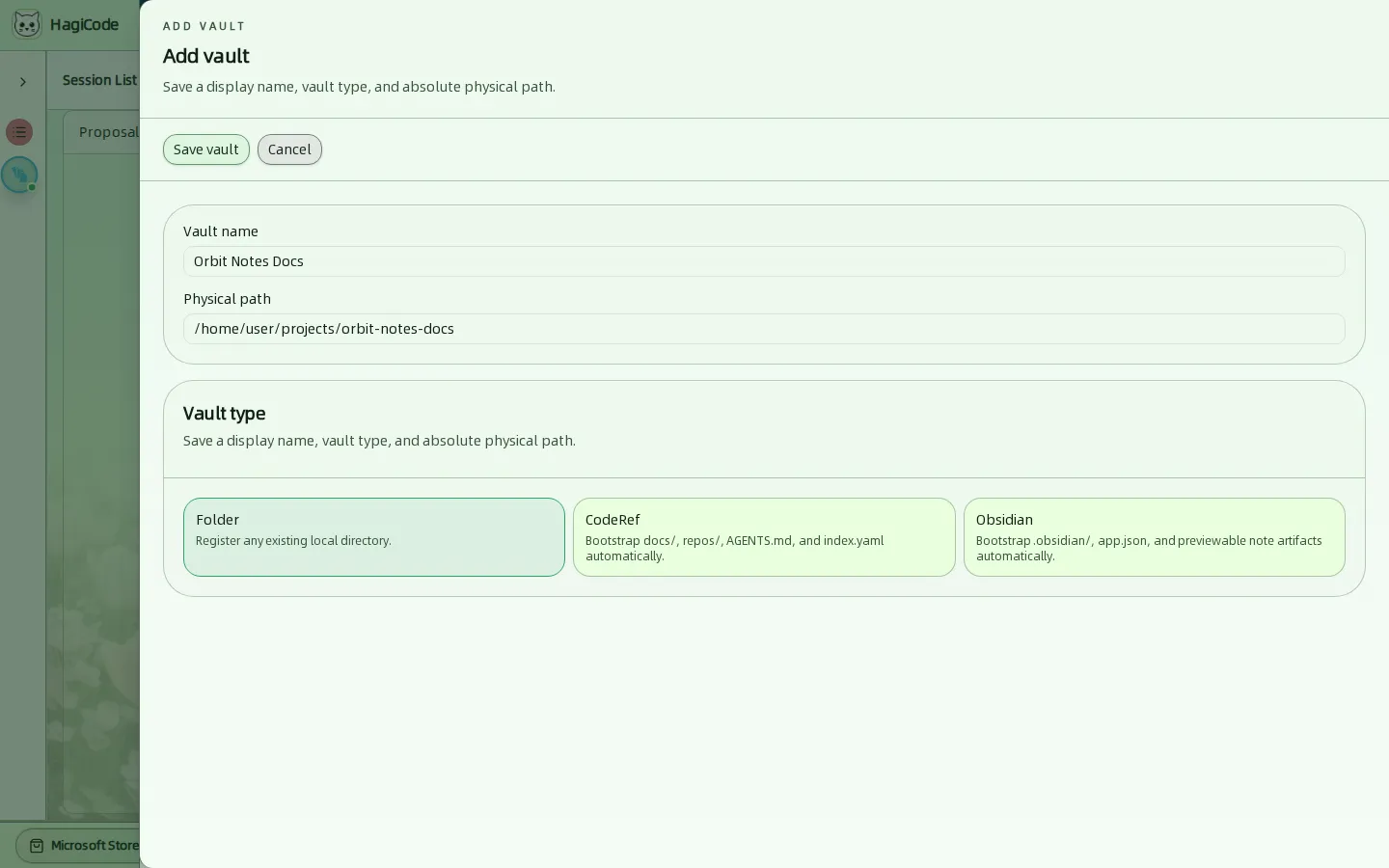 Панель Add vault с полями имени и пути, где выбран тип Folder