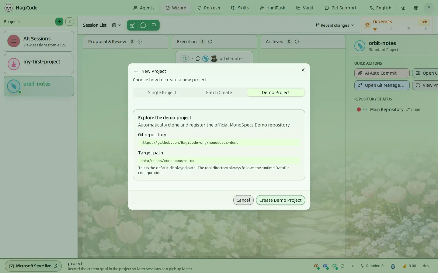 Вкладка Demo Project диалога создания проекта с репозиторием MonoSpecs Demo и целевым путём
