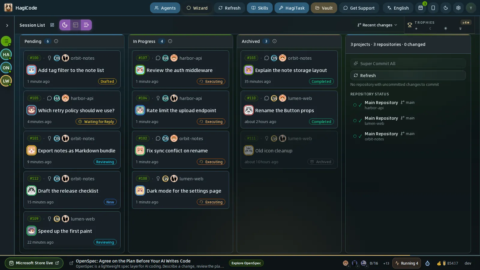 Dashboard Kanban with Pending, In Progress, and Archived lanes
