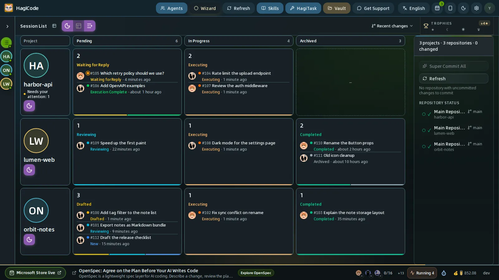 Project × Status Matrix with one row per project and Pending, In Progress, and Archived columns