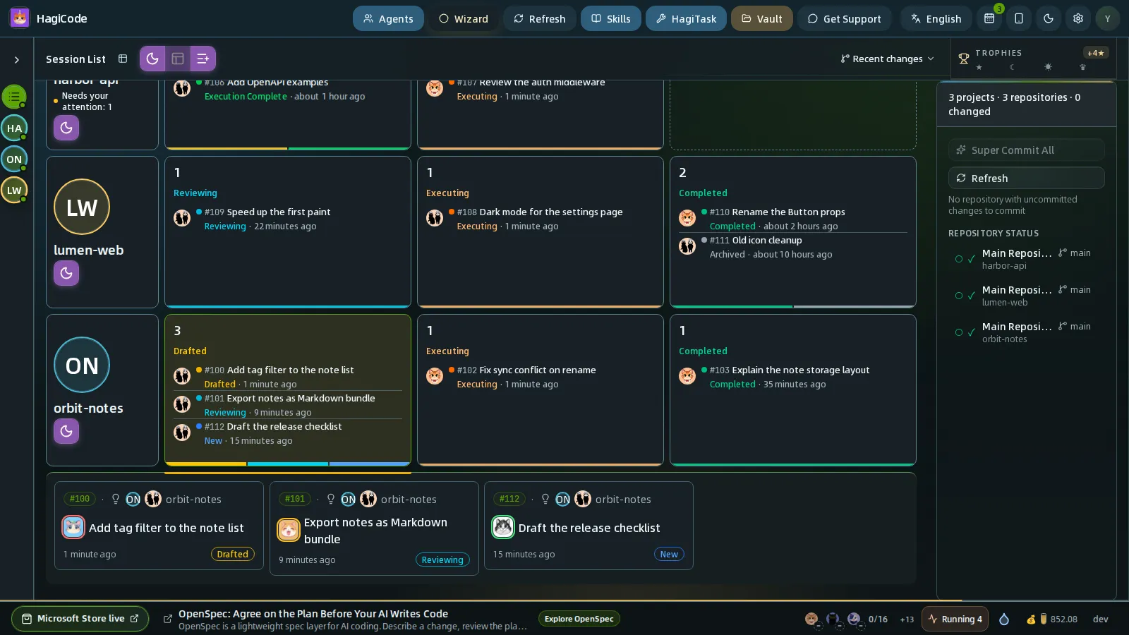 The Drafted cell of orbit-notes expanded, with its three session cards below the row