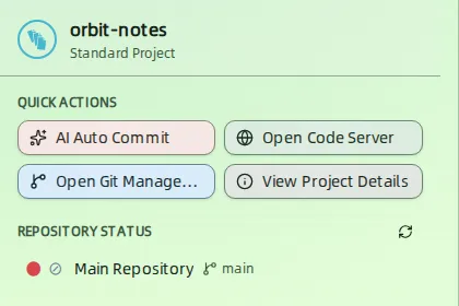 Панель проекта orbit-notes с Quick actions и Repository status