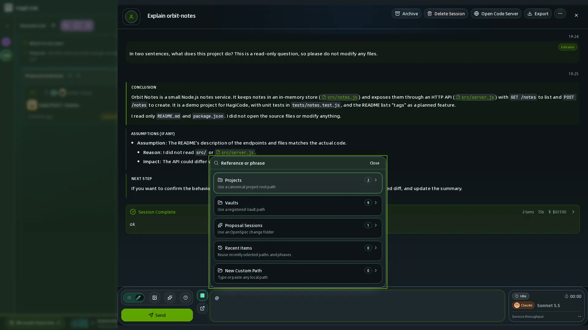 Selector de frases estándar abierto desde el cuadro de mensaje, con Projects, Vaults, Proposal Sessions y Recent Items