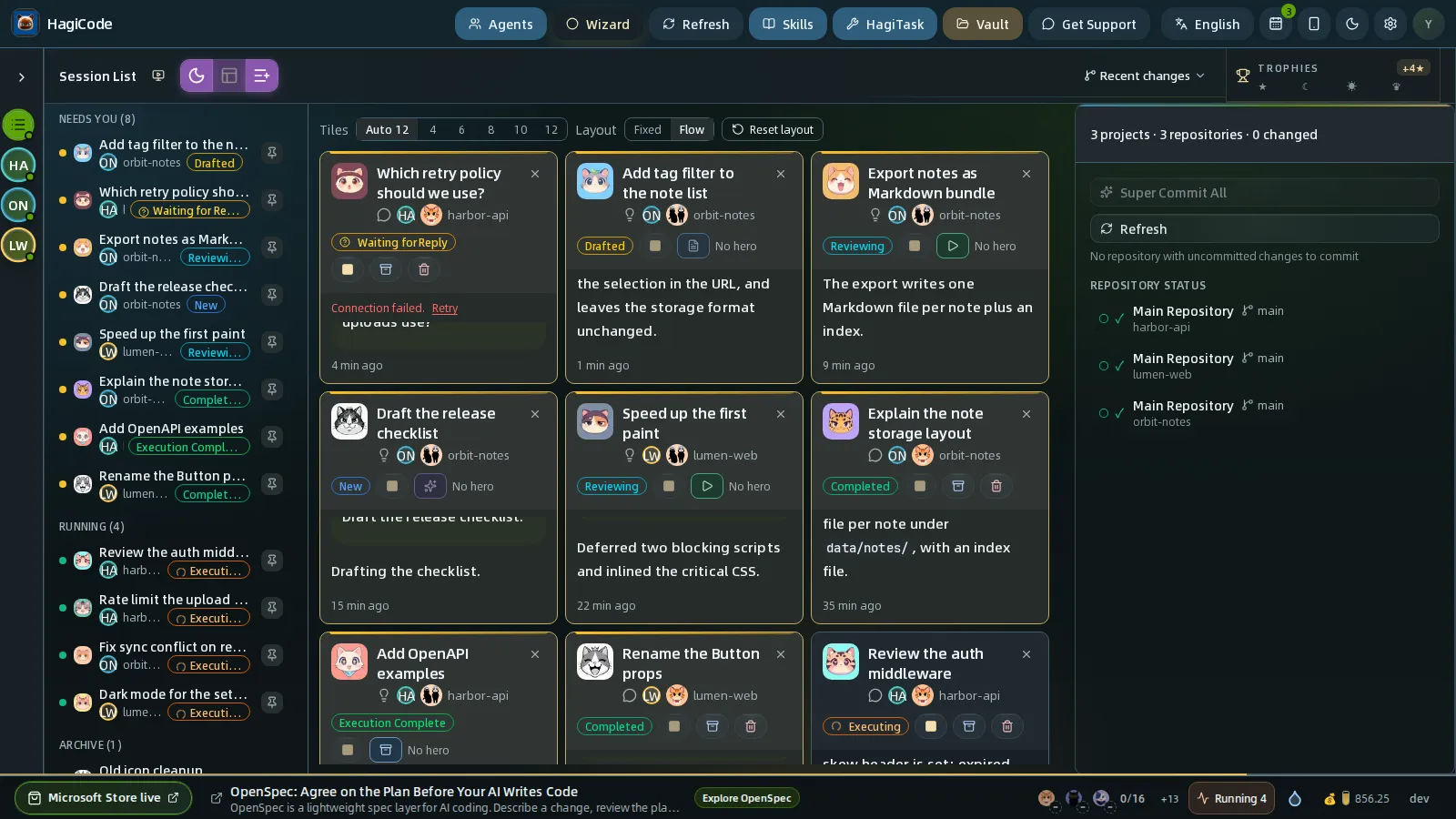 Command View with the session sidebar on the left, a wall of live tiles, and the project panel on the right