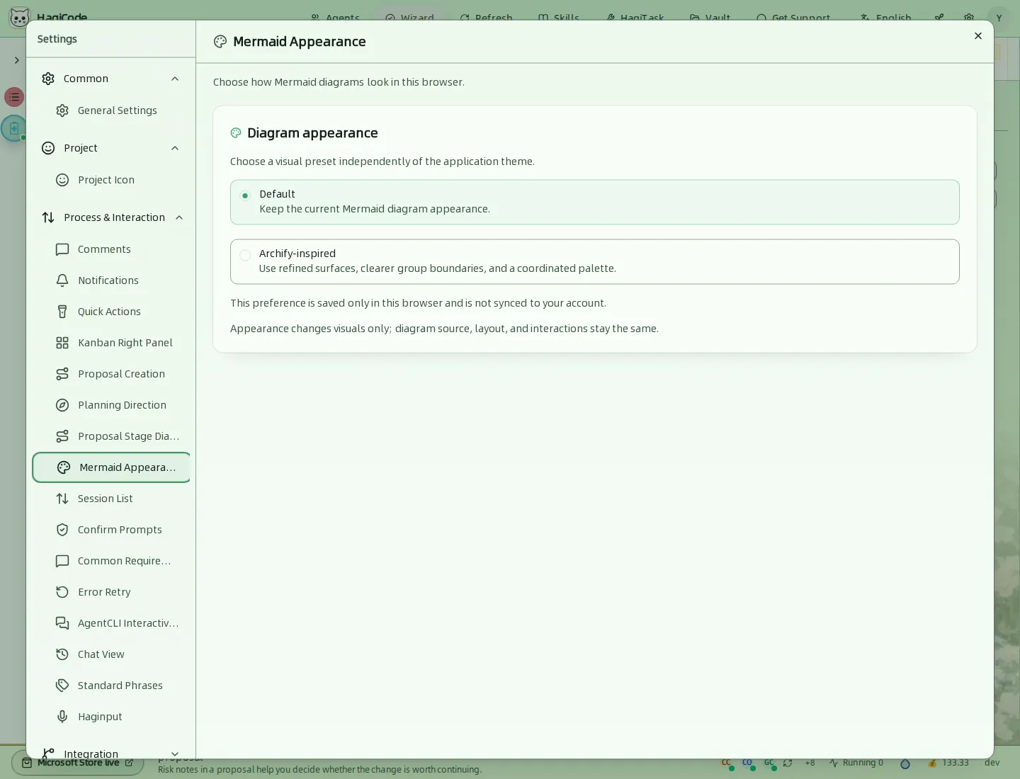 Вкладка Mermaid Appearance с пресетами Default и Archify-inspired