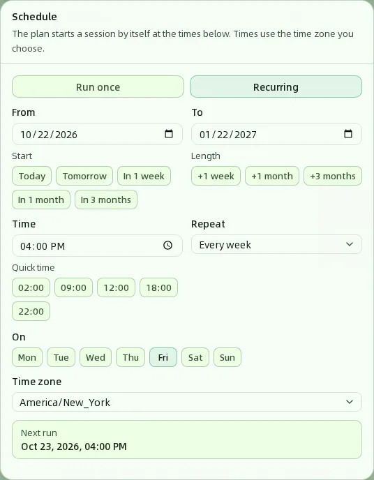Schedule セクションの繰り返しモード。開始日と終了日、時刻、Every week、Friday、次回の実行時刻が表示されている