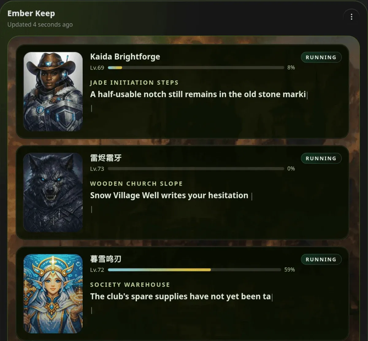 HagiCode Hero Dungeon 面板截图，名为 Ember Keep，列出三位运行中的英雄及其等级、进度与剧情文字。