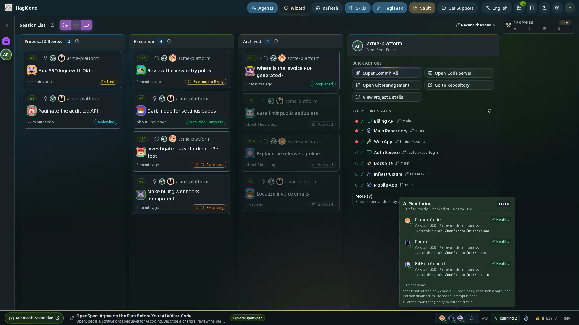Ventana emergente de AI Monitoring con Claude Code, Codex y GitHub Copilot en buen estado, con modo de sondeo y ruta del ejecutable