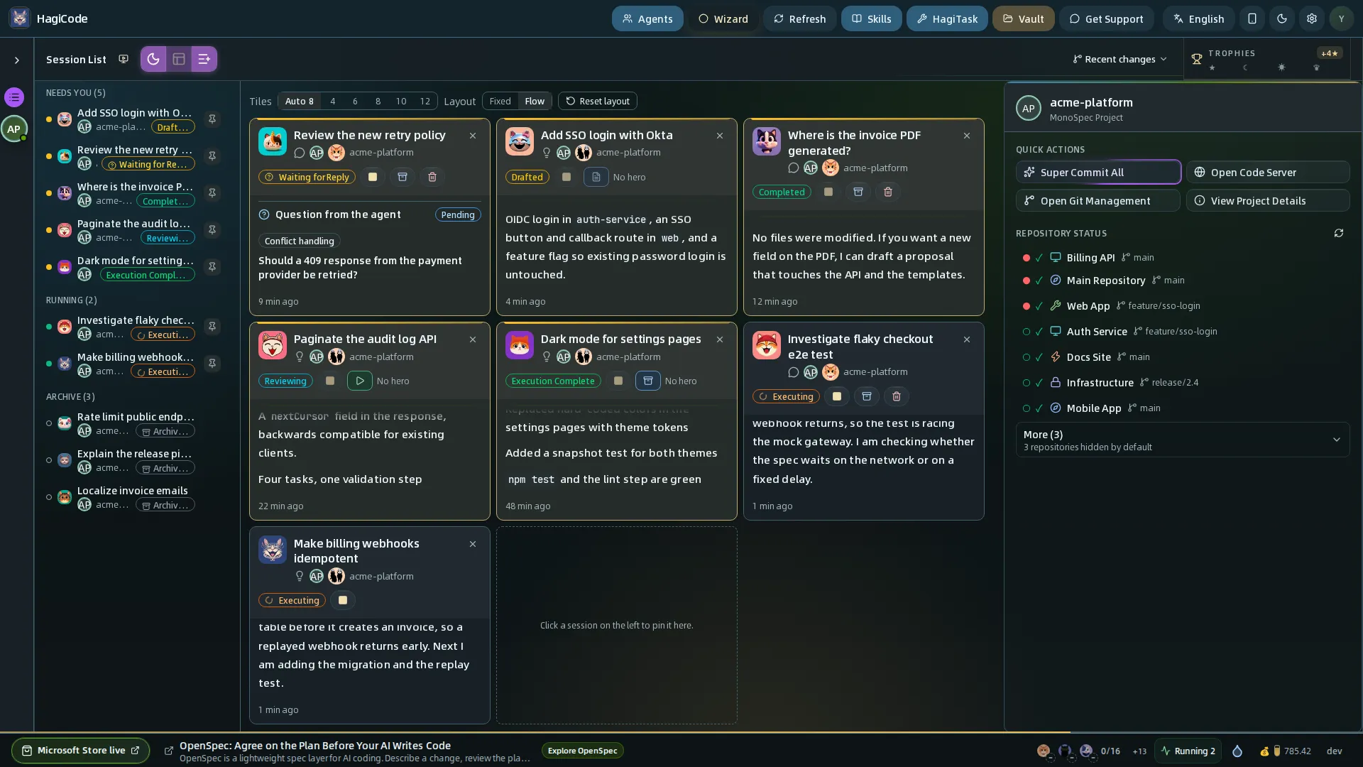 Command View con una lista de sesiones y un muro de mosaicos en vivo que muestran la última salida, una pregunta pendiente del agente y acciones rápidas