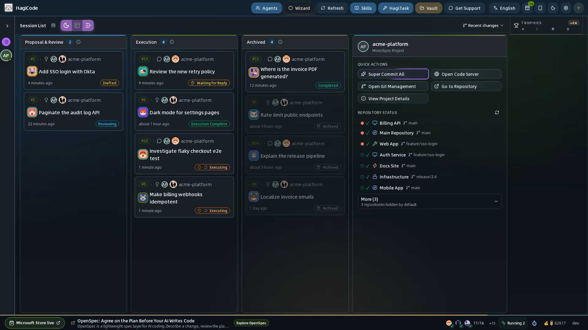Tablero de sesiones y estado de los repositorios de un proyecto MonoSpecs