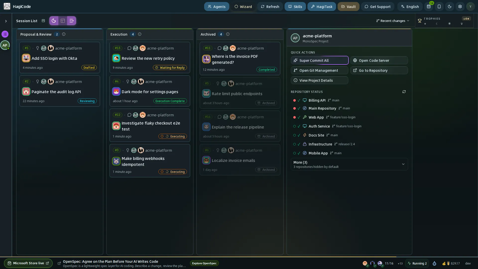 Tablero de sesiones con las columnas Propuesta y revisión, Ejecución y Archivadas junto a un panel de proyecto con acciones rápidas y estado de los repositorios