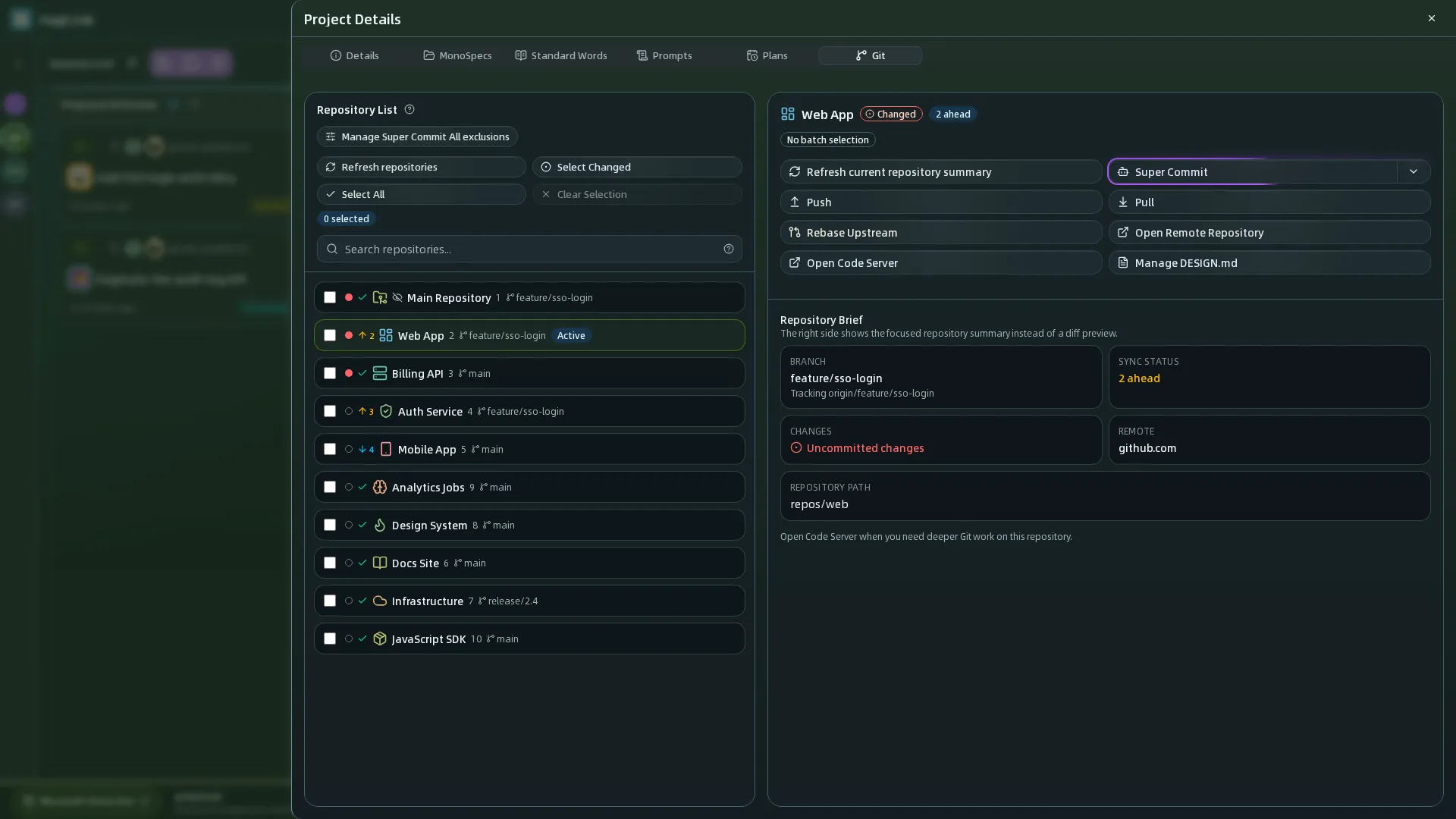 Pestaña Git del proyecto con diez repositorios MonoSpecs, su rama y estado de sincronización, y las acciones Push, Pull y Super Commit del repositorio seleccionado