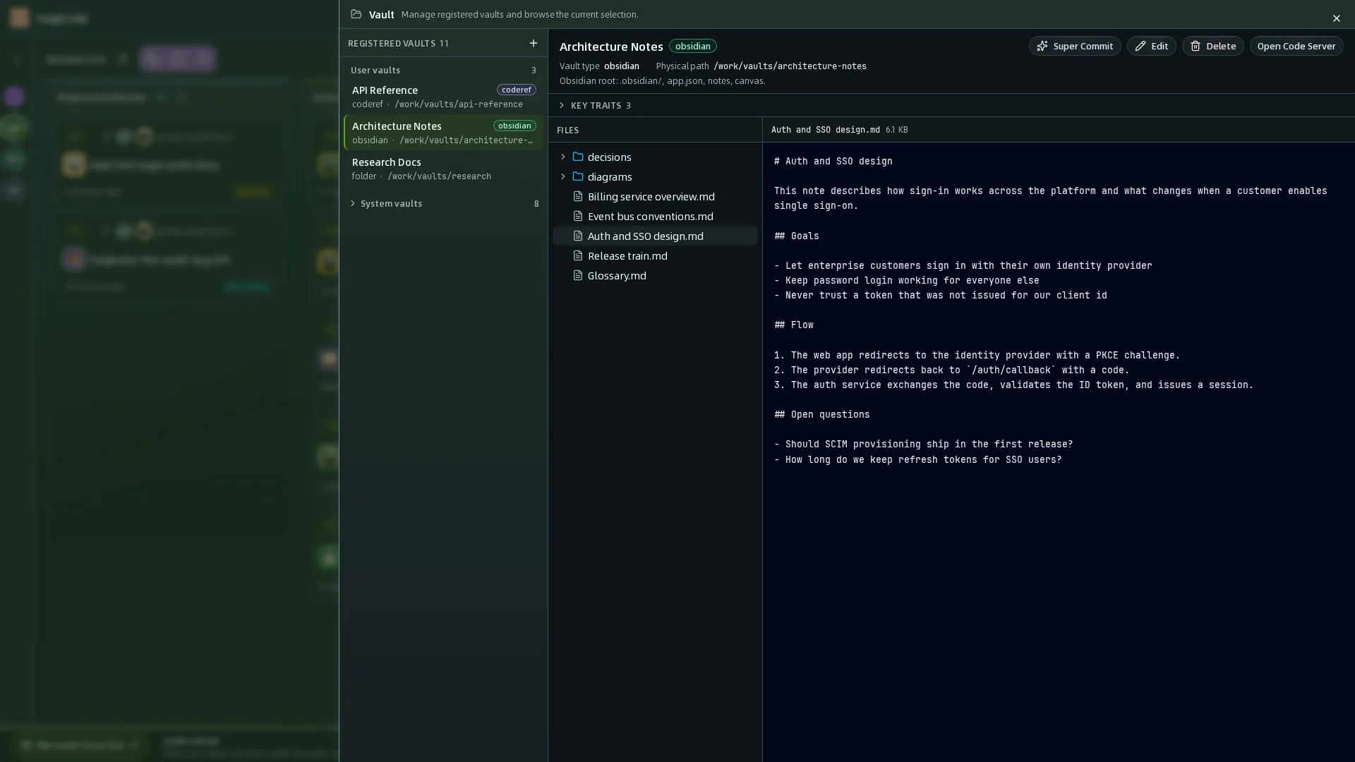 Panel de Vault con Vaults de usuario y de sistema, un árbol de archivos y la vista previa Markdown de una nota de arquitectura